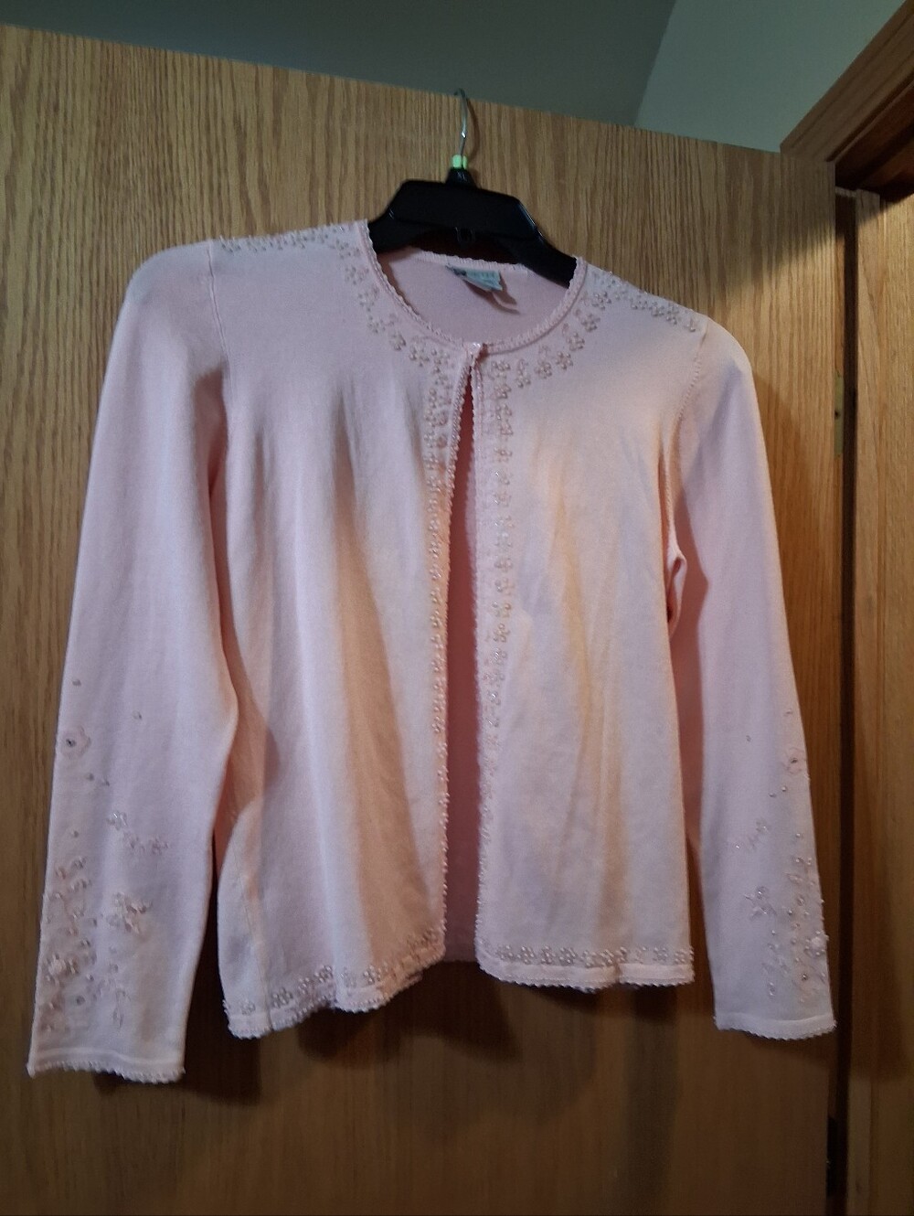 pink, embellished cardigan from Worth, delicate pearl & sequin floral embroidery